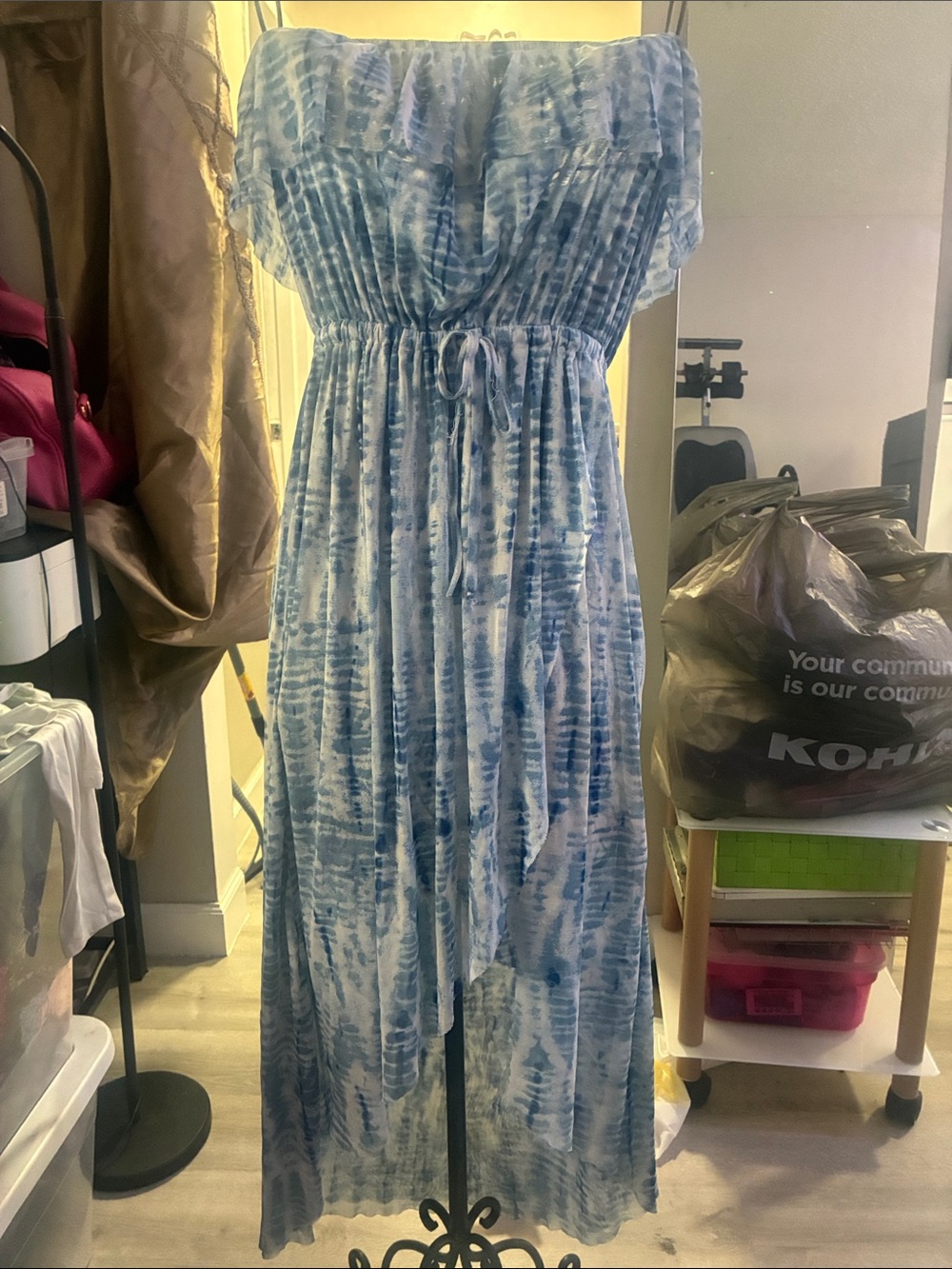For Cynthia Blue Tie-Dye Strapless Maxi Dress